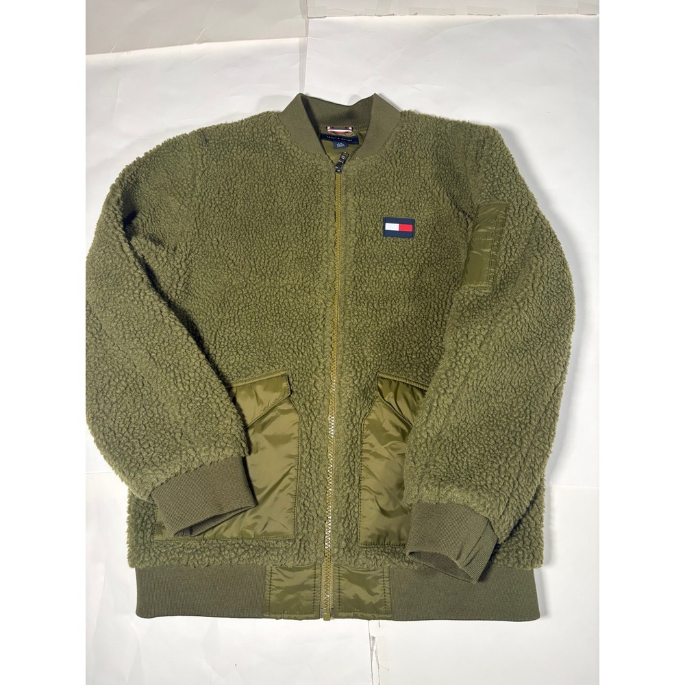 Tommy Hilfiger Womens Large Sherpa Fleece Jacket Olive Green Full Zip Flag
